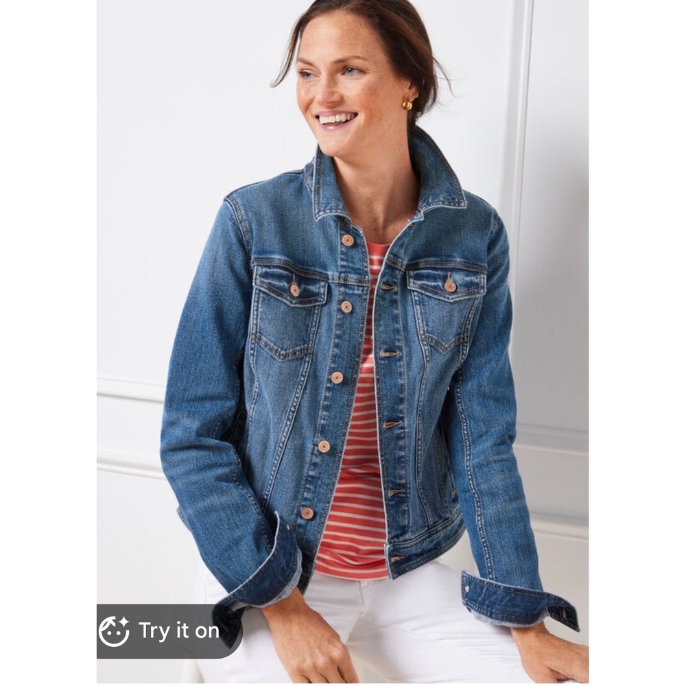 Talbots Womens Medium Wash Denim Trucker Jacket Size L Blue Cotton Blend